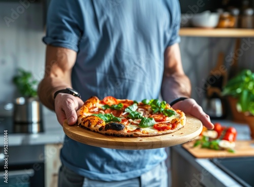 A man is holding a pizza on a wooden board in a kitchen, Homemade pizza. Comfort, cooking, tradition, family, homemade, creativity, sharing concept