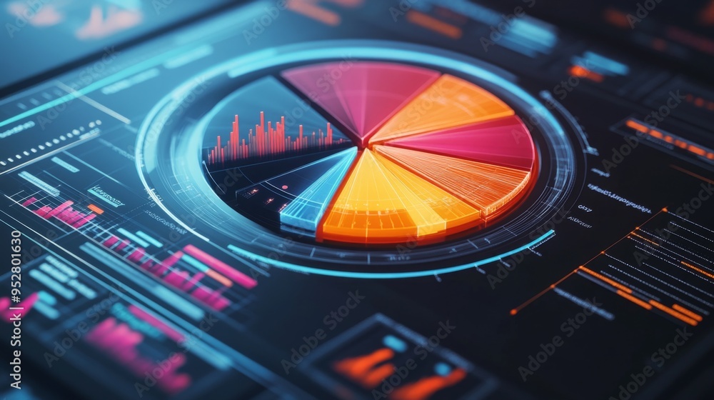 High-resolution image of a rotating 3D pie chart with colorful segments and interactive data points, displayed on a digital interface.