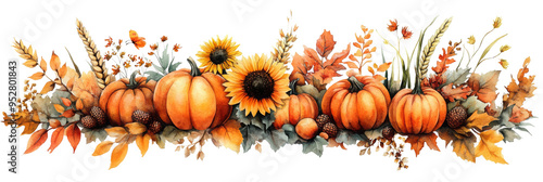 watercolor drawing. autumn composition with harvest, with pumpkins and sunflower flowers in vintage style. thanksgiving card decoration, autumn, harvest festival