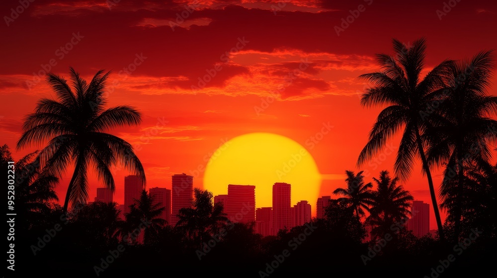 A silhouette of a city skyline with palm trees in the foreground against a vibrant sunset. The setting sun casts a warm glow on the scene, creating a sense of tranquility and tropical beauty. A silhouette of a city skyline with palm trees in the foreground against a vibrant sunset. The setting sun casts a warm glow on the scene, creating a sense of tranquility and tropical beauty.