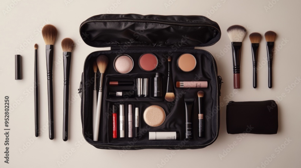 High-resolution image of an open makeup bag with various cosmetics and brushes, showcasing the variety of products typically carried for beauty routines. High-resolution image of an open makeup bag with various cosmetics and brushes, showcasing the variety of products typically carried for beauty routines.