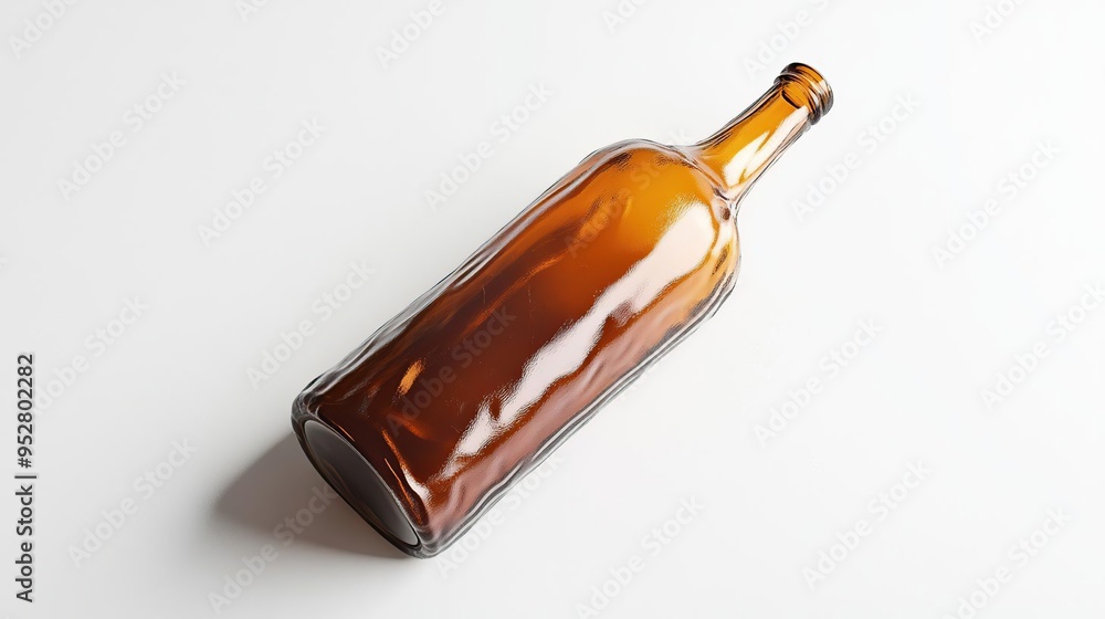 Fototapeta premium A brown glass bottle lying on its side, reflecting light on a white surface.