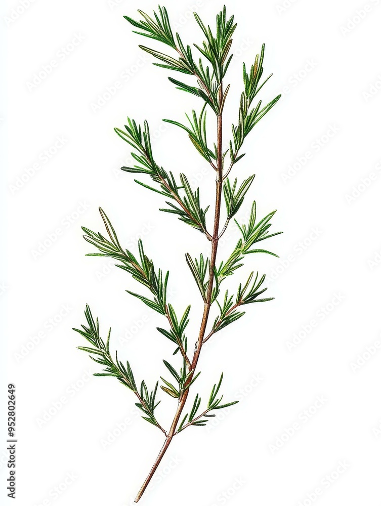A single sprig of rosemary with vibrant green leaves, isolated against a pure white backdrop. It symbolizes freshness, herbal fragrance, culinary use, and natural beauty. A single sprig of rosemary with vibrant green leaves, isolated against a pure white backdrop. It symbolizes freshness, herbal fragrance, culinary use, and natural beauty.
