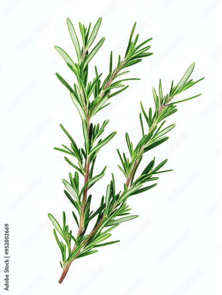 A single sprig of rosemary with vibrant green leaves, isolated on a clean white background. This image symbolizes freshness, culinary use, herbal remedies, and natural beauty. A single sprig of rosemary with vibrant green leaves, isolated on a clean white background. This image symbolizes freshness, culinary use, herbal remedies, and natural beauty.