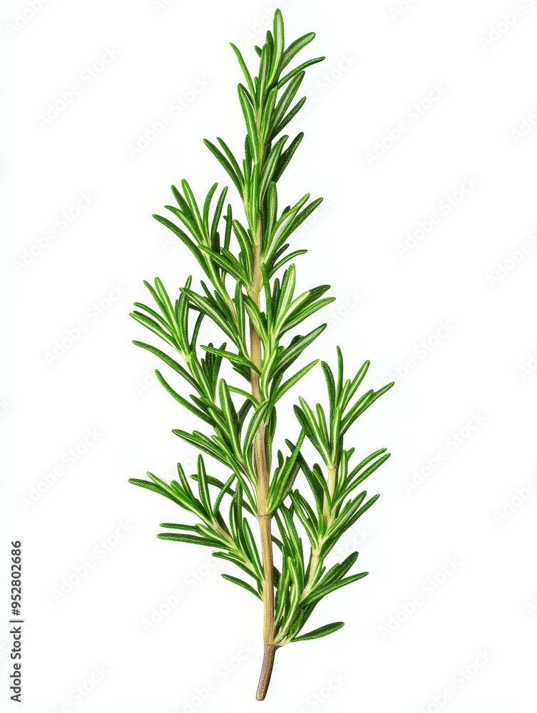 A single sprig of rosemary with vibrant green leaves, isolated against a clean white backdrop. The image showcases the herb's delicate beauty, versatility in culinary and medicinal uses, and potentia A single sprig of rosemary with vibrant green leaves, isolated against a clean white backdrop. The image showcases the herb's delicate beauty, versatility in culinary and medicinal uses, and potentia