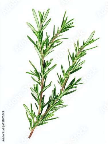 A single sprig of rosemary with vibrant green leaves, isolated on a clean white background. This image symbolizes freshness, culinary use, herbal remedies, and natural beauty.