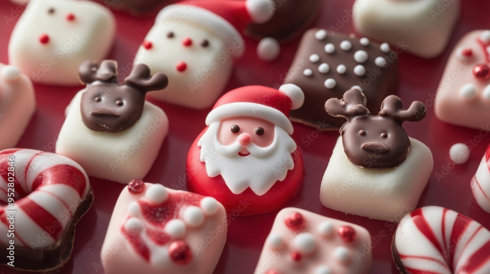 festive treats small chocolate santas reindeer marshmallows on a candy cane backdrop, perfect for a holiday sweets display banner festive treats small chocolate santas reindeer marshmallows on a candy cane backdrop, perfect for a holiday sweets display banner