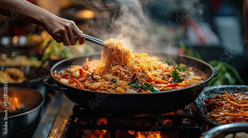 A person is cooking noodles in a wok. The noodles are in a large bowl and the person is using a spatula to stir them. The scene is set in a kitchen with a stove and other cooking utensils.