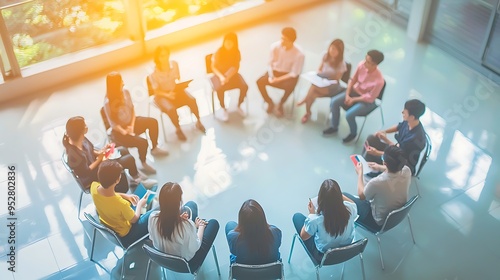Abstract blurred defocused of asian young team sitting group circle meeting in top wide angle view in modern office Asian speaker explain teach coach sharing idea to audience in education