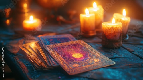 tarot cards positioned on an enchanted table alongside candles, embodying fortune telling, ideal for a banner with space for text