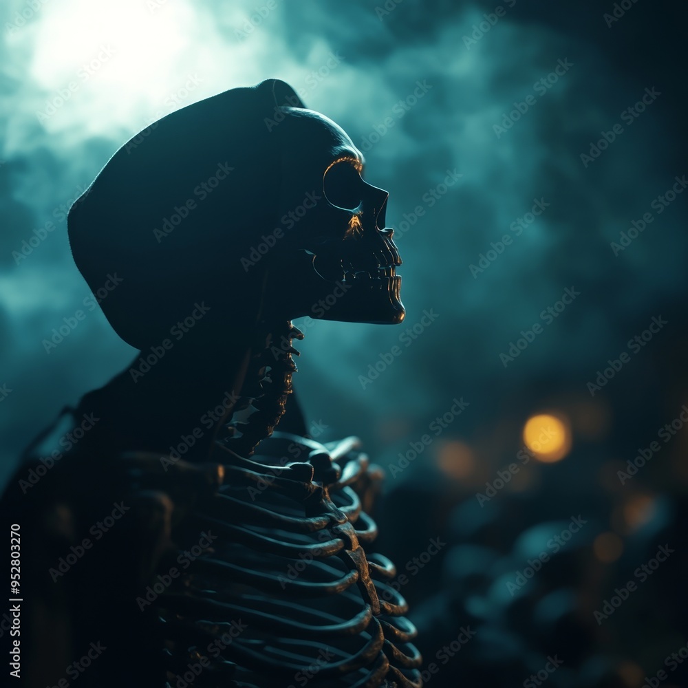 Obraz premium A solitary skeleton wearing a hooded cloak stands in a graveyard under a dim light. The skeleton's pose suggests contemplation and the hooded figure symbolizes mystery and death.