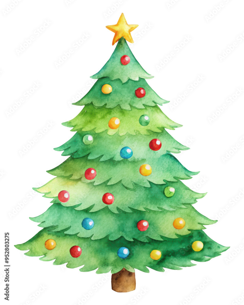 Watercolor painting of a Christmas tree featuring a star on top and decorated with red and green ornaments, perfect for holiday-themed artwork and designs. Isolated on transparent background, png. Watercolor painting of a Christmas tree featuring a star on top and decorated with red and green ornaments, perfect for holiday-themed artwork and designs. Isolated on transparent background, png.