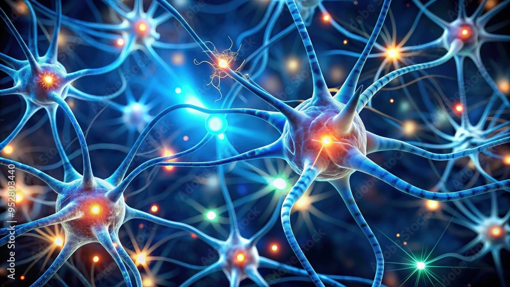 Close up view of illuminated nerve cells transmitting signals in the brain , neurons, microscopic, nerve cells Close up view of illuminated nerve cells transmitting signals in the brain , neurons, microscopic, nerve cells