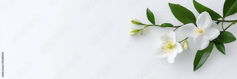 Obraz premium A sprig of white flowers with verdant leaves gracefully arranged on a pristine white backdrop, evoking concepts of purity, serenity, nature, growth, and renewal.