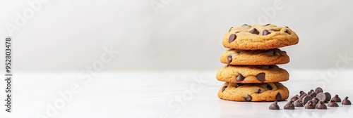 A stack of four freshly baked chocolate chip cookies sits on a white countertop, with a few chocolate chips scattered around them. The cookies are golden brown and slightly crispy, with melted chocola photo