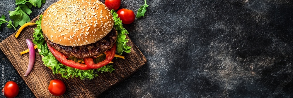Fototapeta premium juicy beef burger on wooden board top view with copy space