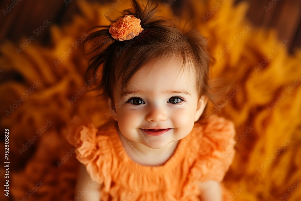 A sweet baby girl with brown hair is wearing a peach dress and smiles up at the camera. She is sitting on a soft, orange blanket. Her bright eyes sparkle with innocence and joy. A sweet baby girl with brown hair is wearing a peach dress and smiles up at the camera. She is sitting on a soft, orange blanket. Her bright eyes sparkle with innocence and joy.