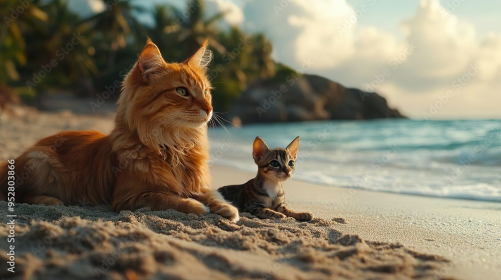 Obraz premium Cat and dog relaxing together on the beach at sunset