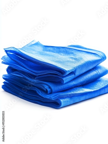 A stack of four blue napkins, neatly folded, isolated on a white background. The napkins represent cleanliness, order, and efficiency, symbolizing a fresh start, hospitality, and professional service.