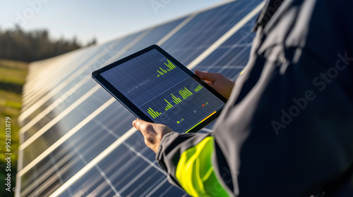 Close-up of a technician monitoring solar panel performance data on a digital tablet, ensuring optimal energy production in a solar farm photo