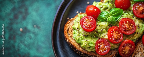 Whole grain toast topped with smashed avocado and cherry tomatoes, brain-boosting breakfast, simple and healthy. photo