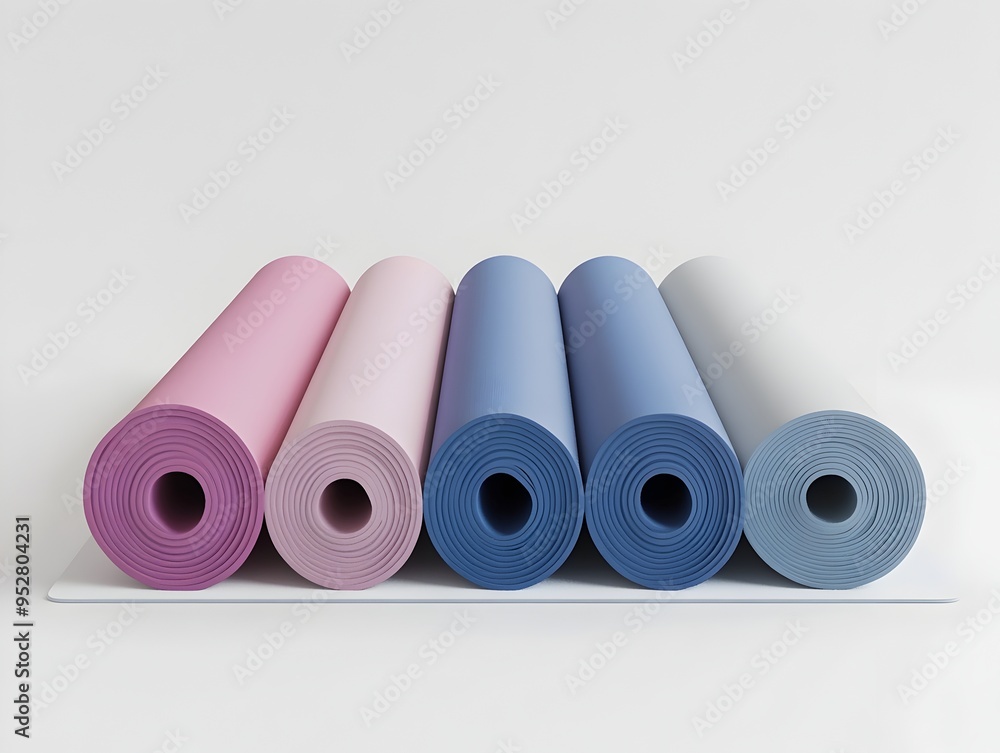 Assorted Yoga Mats with Enhanced Padding Resting on a Pristine White Surface Assorted Yoga Mats with Enhanced Padding Resting on a Pristine White Surface