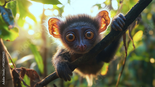 Endangered Aye-Aye hanging upside down on a branch in Madagascar’s dense rainforest
 photo