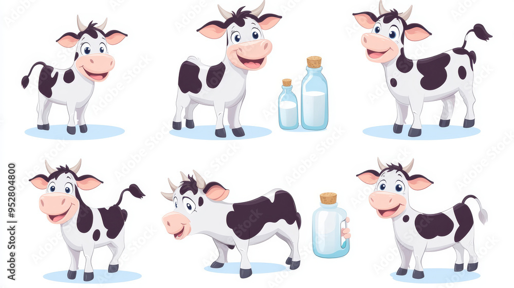 Obraz premium This illustration showcases a playful cow cartoon character in various humorous poses. The cow, depicted as a cute farm animal, is seen holding a milk bottle, a glass of milk, and engaging in other fu