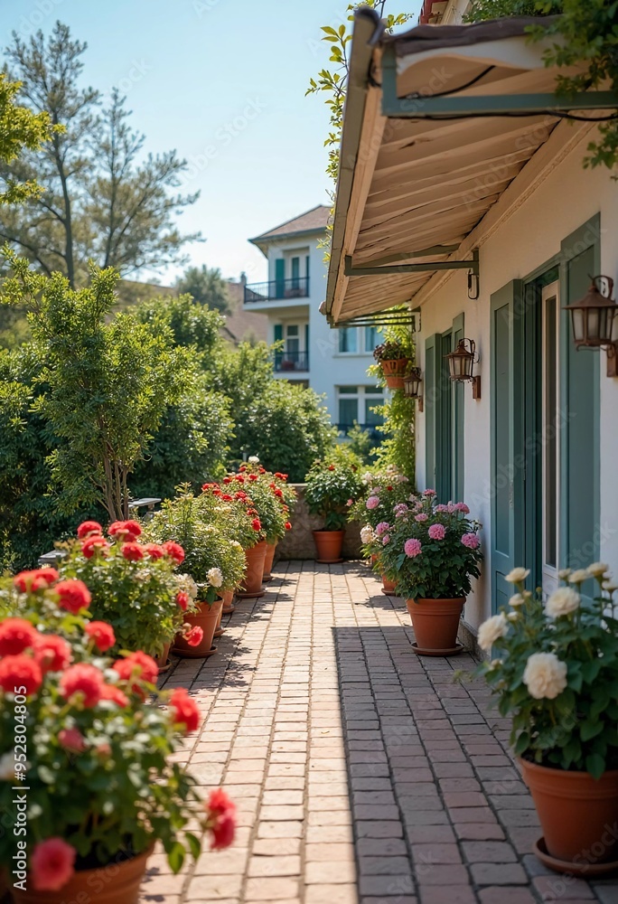 Sunny terrace surrounded by colorful flowers, invites relaxation, offering breathtaking view and cozy spot with table chairs. Terrace adorned with blooming flowers and scenic mountains. Generative AI. Sunny terrace surrounded by colorful flowers, invites relaxation, offering breathtaking view and cozy spot with table chairs. Terrace adorned with blooming flowers and scenic mountains. Generative AI.