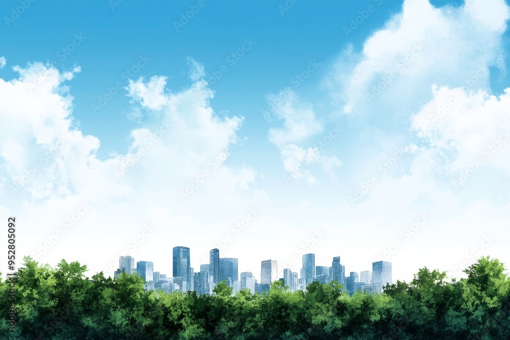 A watercolor illustration of a city skyline featuring tall buildings against a bright blue sky with white clouds. The city is framed by green trees, symbolizing urban development, nature, hope, progre A watercolor illustration of a city skyline featuring tall buildings against a bright blue sky with white clouds. The city is framed by green trees, symbolizing urban development, nature, hope, progre