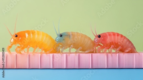 Colorful amphipods on a pastel surface in a close-up view photo