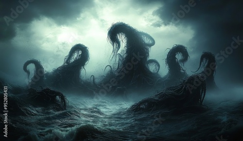 Mysterious monster Cthulhu in the sea, huge tentacles sticking out of the water, landscape. 3d illustration photo