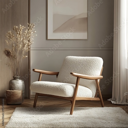 Comfortable armchair beside a wooden table in a vintage-style living room with a contemporary lamp