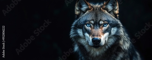 a black backdrop with blue-eyed wolf portrait photo