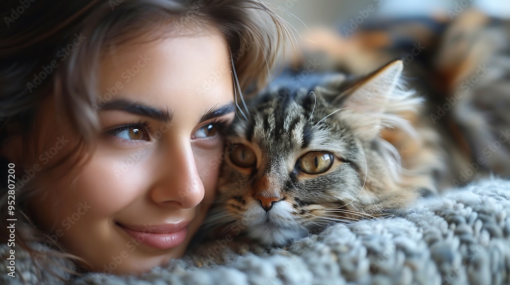 A young woman with a cat resting on a cozy blanket. A young woman with a cat resting on a cozy blanket.