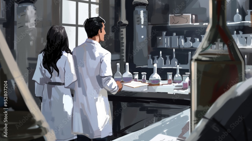 Naklejka premium Two scientists collaborate in a laboratory filled with glassware, focusing on research and experimentation in a modern setting.