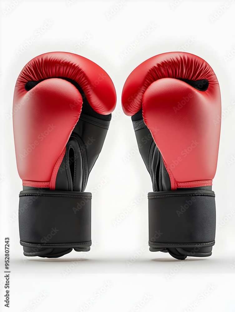 Closeup Shot of Red and Black Boxing Gloves with Padded Wrist Straps on Seamless White Background Closeup Shot of Red and Black Boxing Gloves with Padded Wrist Straps on Seamless White Background
