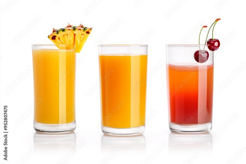Three glasses of juice: one with orange, one with pineapple, and one with cherry. The glasses are filled with fresh juice and are garnished with fruit. They are isolated on a white background and per Three glasses of juice: one with orange, one with pineapple, and one with cherry. The glasses are filled with fresh juice and are garnished with fruit. They are isolated on a white background and per
