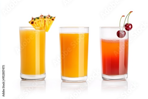 Three glasses of juice: one with orange, one with pineapple, and one with cherry. The glasses are filled with fresh juice and are garnished with fruit. They are isolated on a white background and per