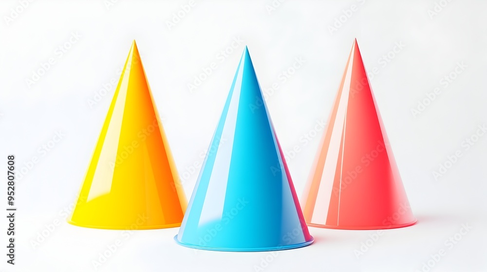 Colorful geometric cones on a clean white background with minimalist studio lighting Colorful geometric cones on a clean white background with minimalist studio lighting