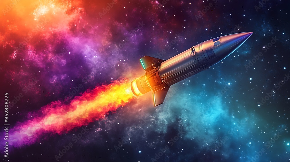 Spaceship Soaring Through a Nebula with Fiery Exhaust Spaceship Soaring Through a Nebula with Fiery Exhaust