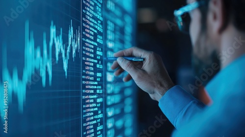 AI-powered virtual financial advisor analyzing real-time market trends on a transparent screen, minimalistic, futuristic design, soft blue and white.