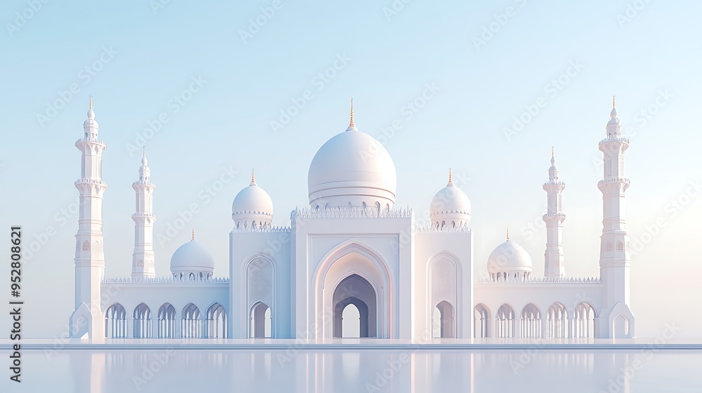 Obraz premium A Minimalist White Mosque with Multiple Domes and Minarets