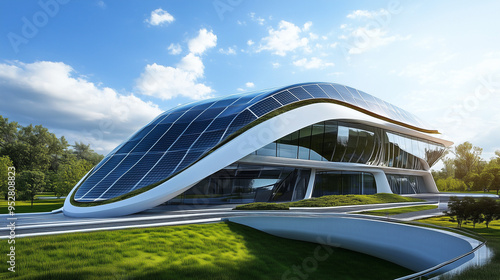 Futuristic building with an innovative solar panel roof, showcasing sustainable architecture and renewable energy integration in a modern design