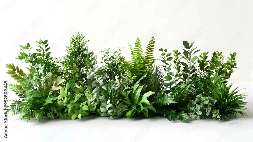 Curated Collection of Organic and Angular Synthetic Foliage on Pristine White Surface Curated Collection of Organic and Angular Synthetic Foliage on Pristine White Surface