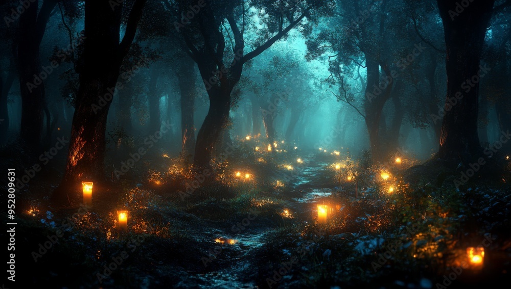 Mystical magical forest at night with glowing lights Mystical magical forest at night with glowing lights