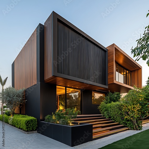 Wallpaper Mural Modern luxury minimalist cubic house, villa with wooden cladding and black panel walls and landscaping design front yard. Residential architecture exterior Torontodigital.ca