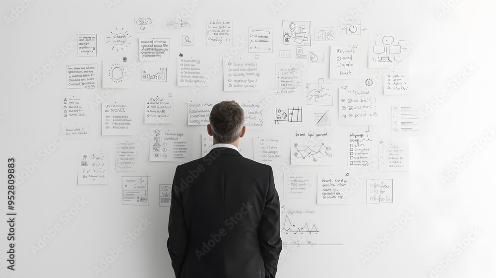 Man in a Black Suit Looking at Wall Notes – Professional Planning and Strategy Session Man in a Black Suit Looking at Wall Notes – Professional Planning and Strategy Session