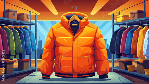 Close up of vibrant orange puffer jacket on display in a retail store for winter wear