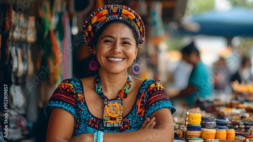 Smiling woman in a vibrant market stall wearing a traditional hat